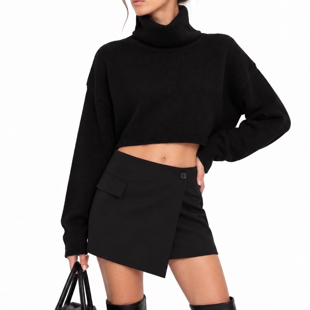 The Frankie Shop Cropped Turtleneck Sweater Black Knit Wool Blend M/L